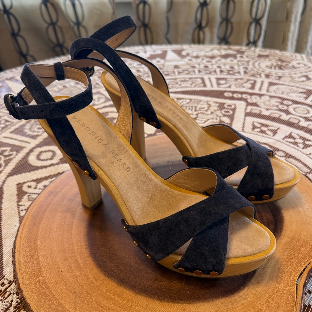 Veronica Beard Blue Suede Studded Heeled Sandals Criss Cross Ankle Strap, 7.5 - Picture 4 of 12